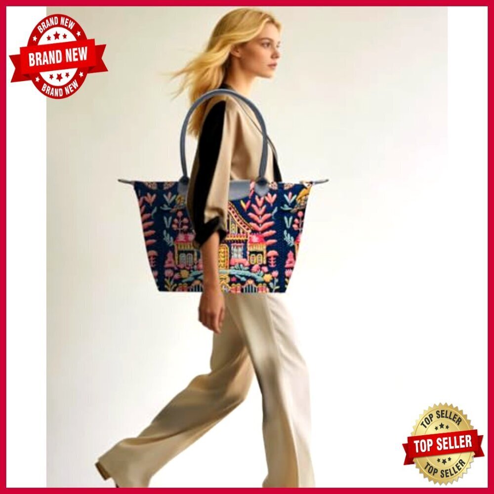 Large Foldable Tote Bag with Zipper, Canvas & Faux Leather - Picture 2 of 6